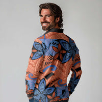 Plumeria Polynesian Pattern Long Sleeve Polo Shirt Unique Fantasy Orange Blue