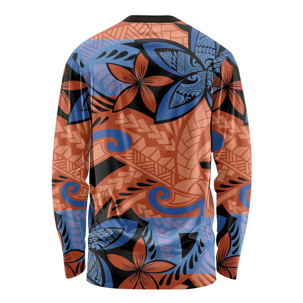Plumeria Polynesian Pattern Long Sleeve Shirt Unique Fantasy Orange Blue LT01 - Polynesian Pride
