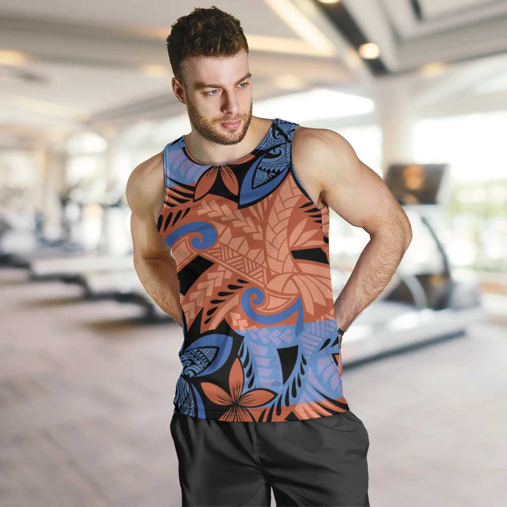 Plumeria Polynesian Pattern Men Tank Top Unique Fantasy Orange Blue LT01 Orange - Polynesian Pride
