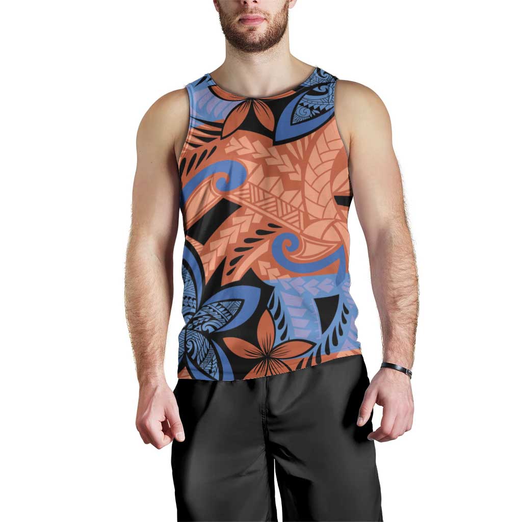 Plumeria Polynesian Pattern Men Tank Top Unique Fantasy Orange Blue LT01 - Polynesian Pride