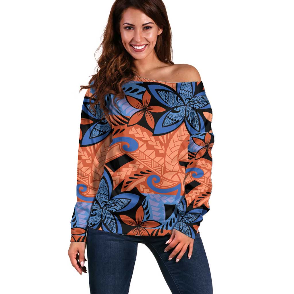 Plumeria Polynesian Pattern Off Shoulder Sweater Unique Fantasy Orange Blue