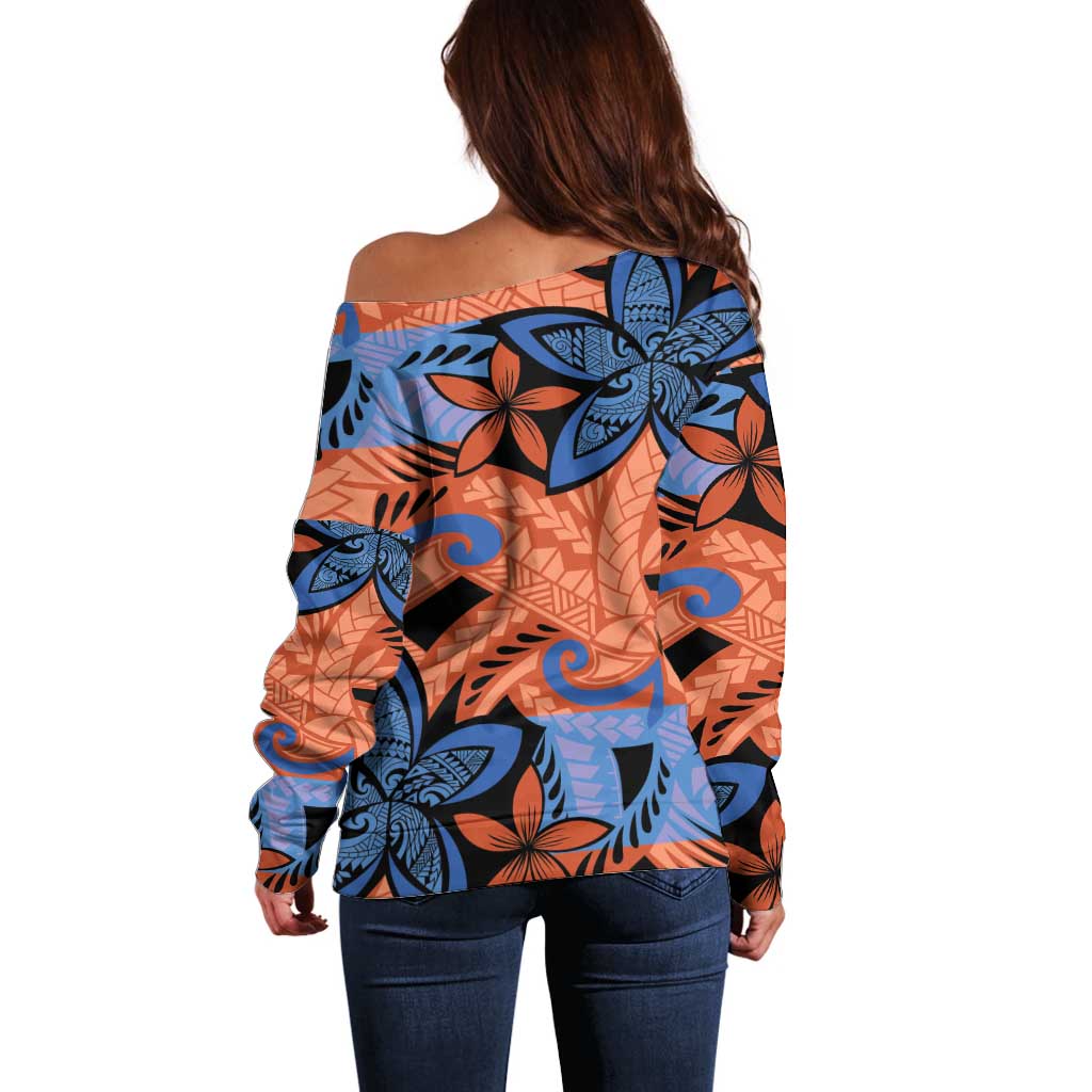 Plumeria Polynesian Pattern Off Shoulder Sweater Unique Fantasy Orange Blue
