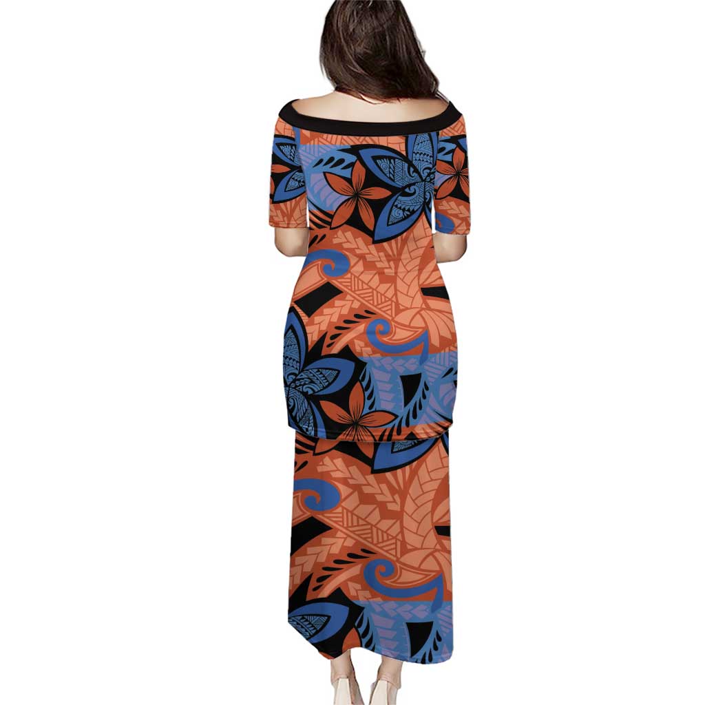 Plumeria Polynesian Pattern Puletasi Unique Fantasy Orange Blue
