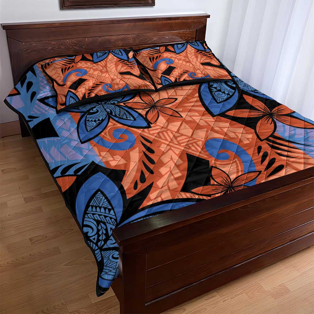 Plumeria Polynesian Pattern Quilt Bed Set Unique Fantasy Orange Blue LT01 - Polynesian Pride