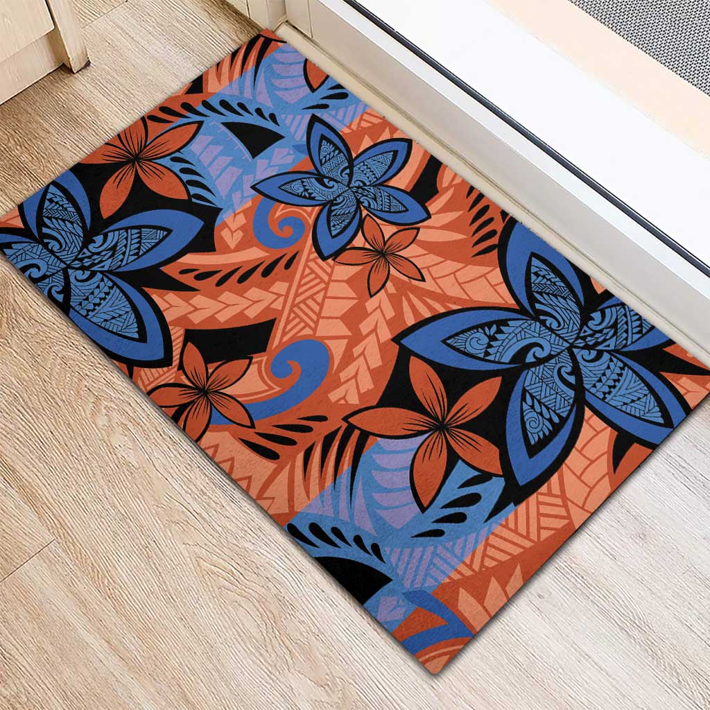 Plumeria Polynesian Pattern Rubber Doormat Unique Fantasy Orange Blue LT01 - Polynesian Pride