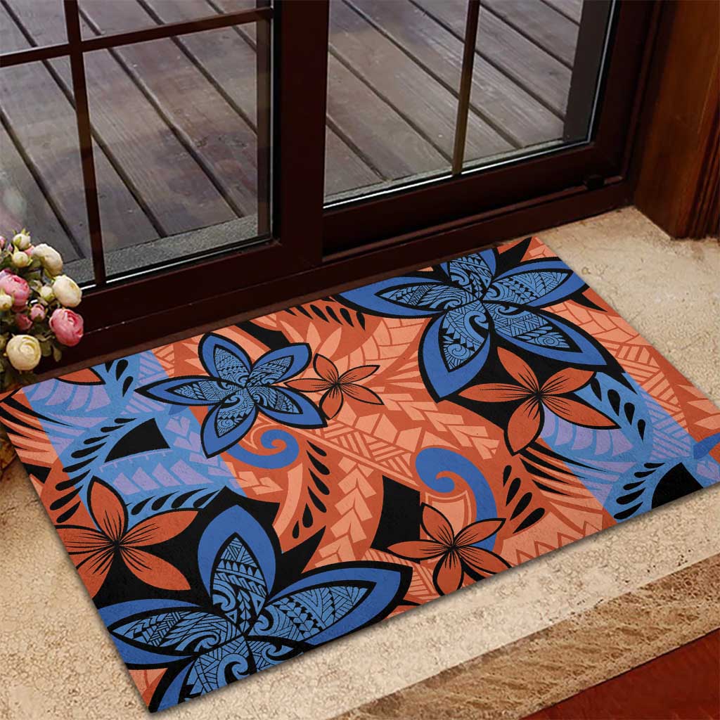 Plumeria Polynesian Pattern Rubber Doormat Unique Fantasy Orange Blue LT01 - Polynesian Pride