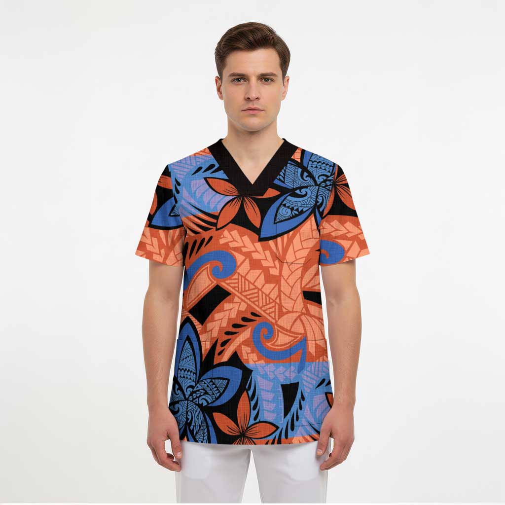 Plumeria Polynesian Pattern Scrub Top Unique Fantasy Orange Blue LT01 - Polynesian Pride