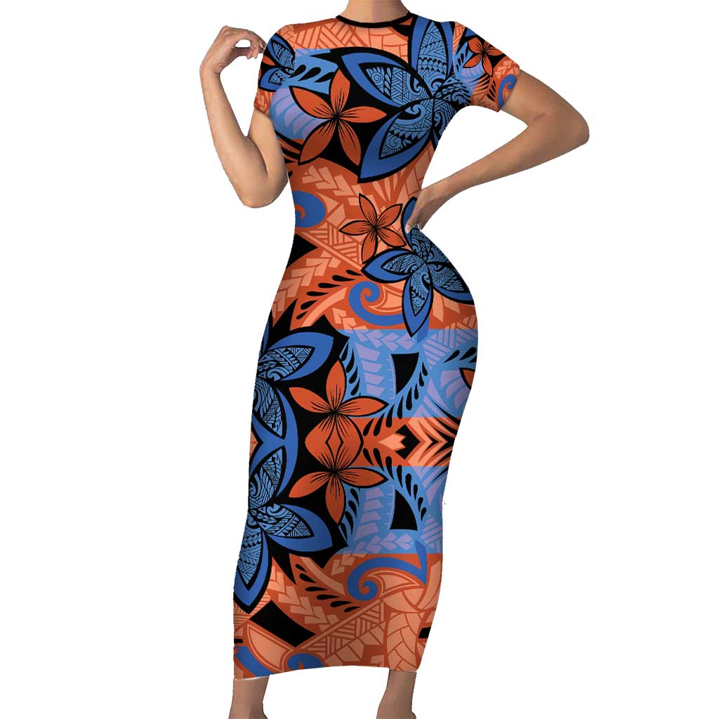 Plumeria Polynesian Pattern Short Sleeve Bodycon Dress Unique Fantasy Orange Blue