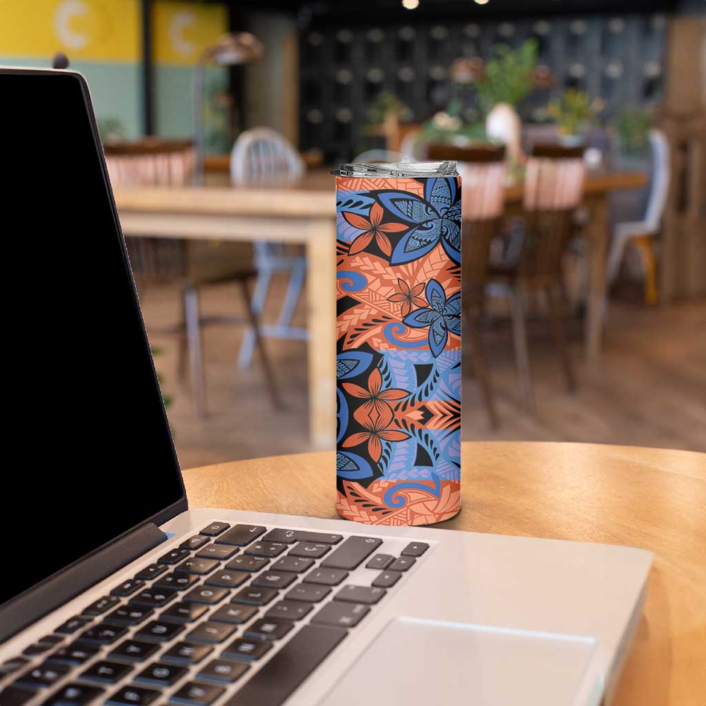 Plumeria Polynesian Pattern Skinny Tumbler Unique Fantasy Orange Blue