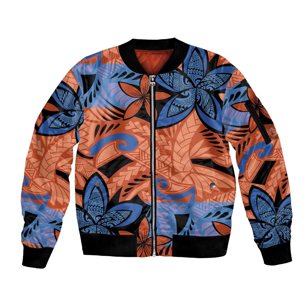 Plumeria Polynesian Pattern Sleeve Zip Bomber Jacket Unique Fantasy Orange Blue