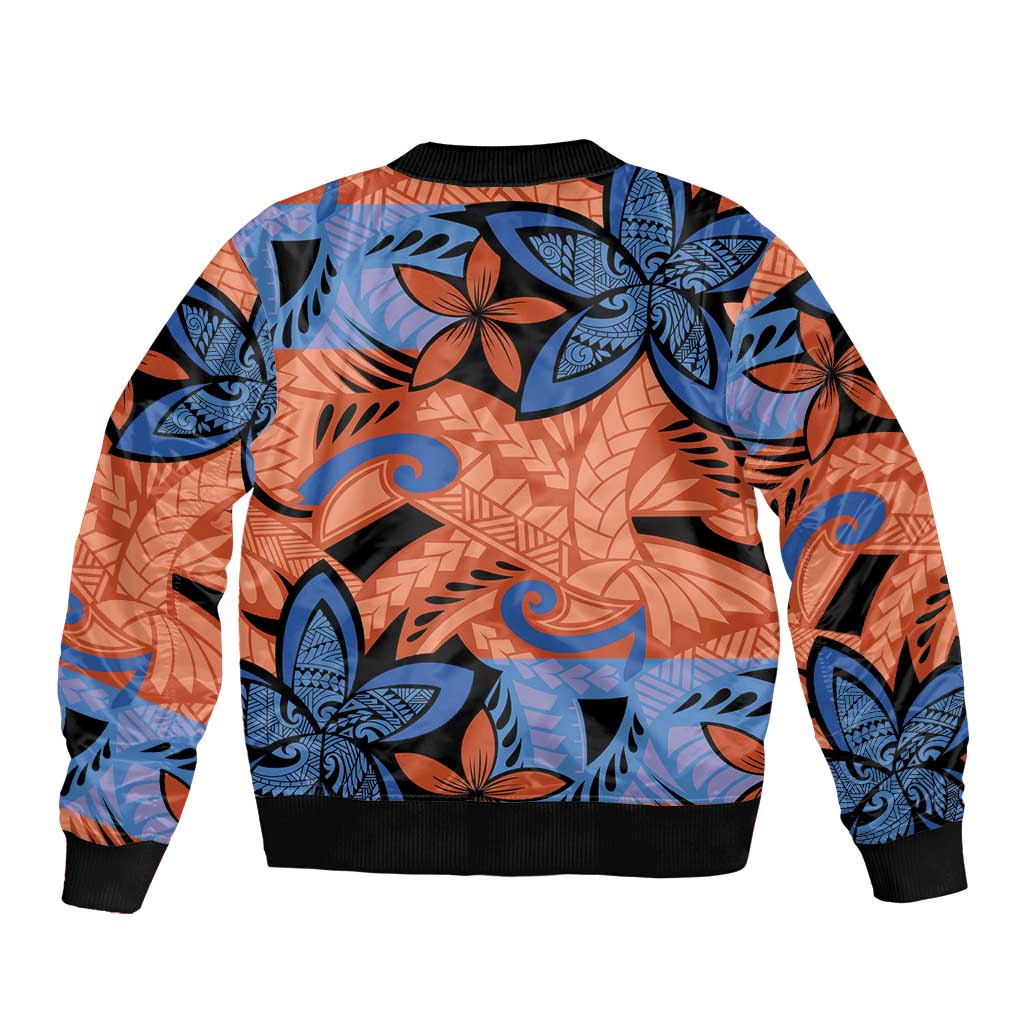 Plumeria Polynesian Pattern Sleeve Zip Bomber Jacket Unique Fantasy Orange Blue