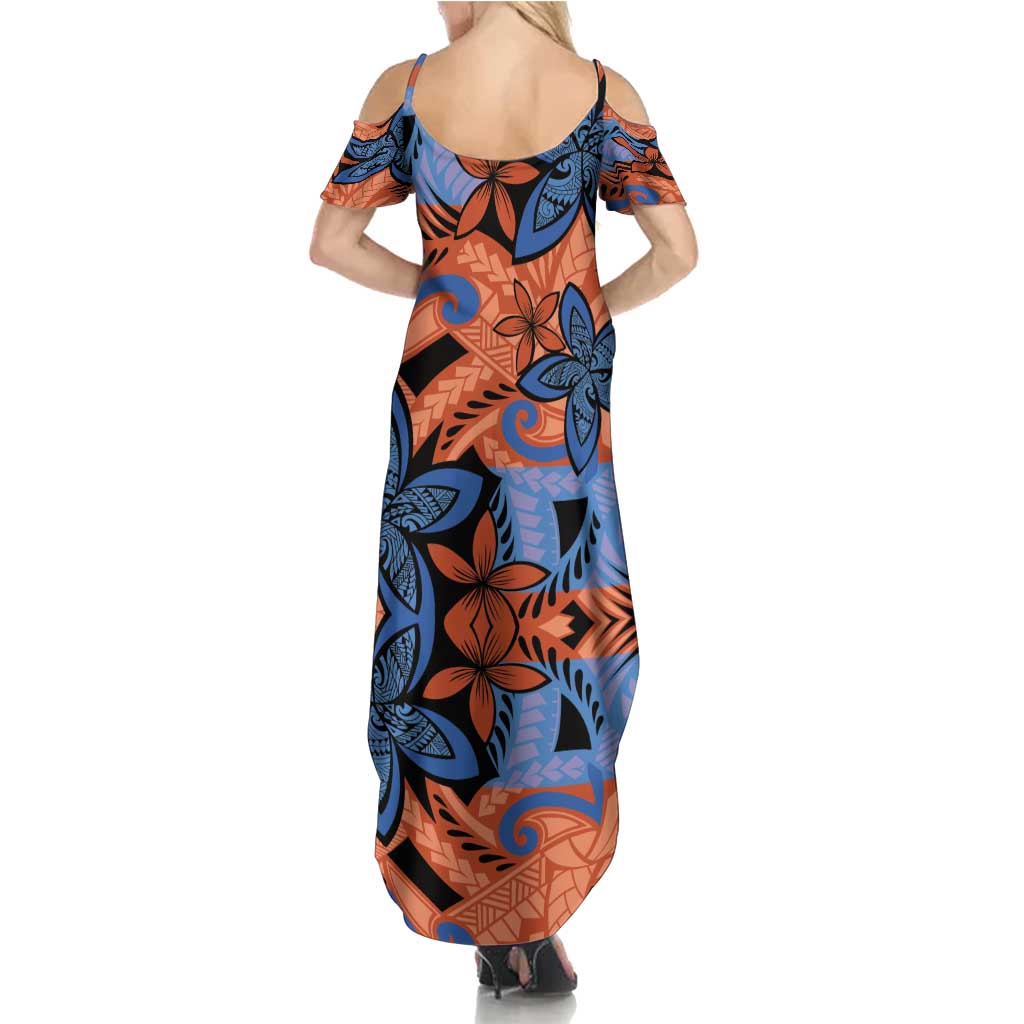 Plumeria Polynesian Pattern Summer Maxi Dress Unique Fantasy Orange Blue