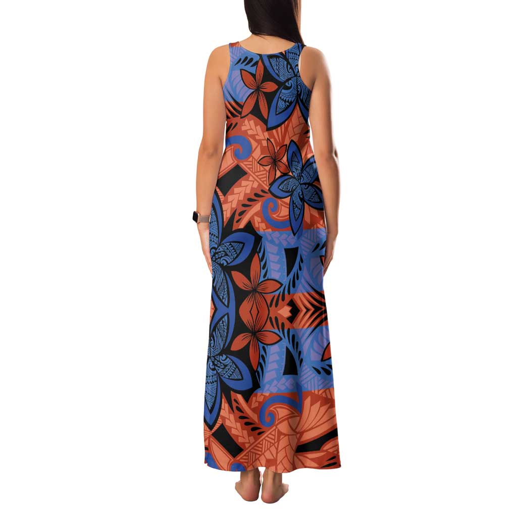 Plumeria Polynesian Pattern Tank Maxi Dress Unique Fantasy Orange Blue