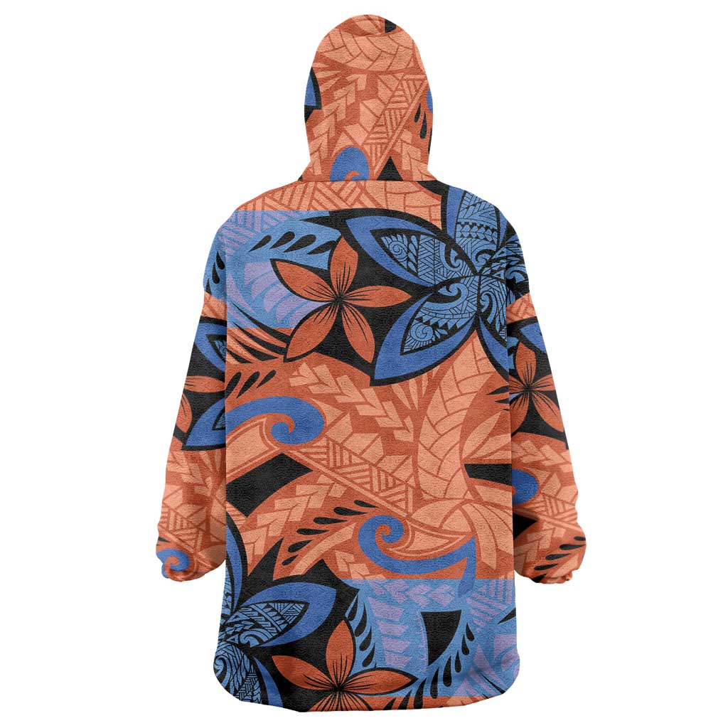Plumeria Polynesian Pattern Wearable Blanket Hoodie Unique Fantasy Orange Blue LT01 - Polynesian Pride