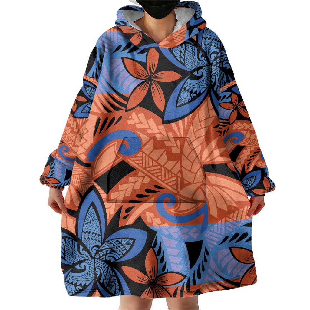 Plumeria Polynesian Pattern Wearable Blanket Hoodie Unique Fantasy Orange Blue LT01 - Polynesian Pride