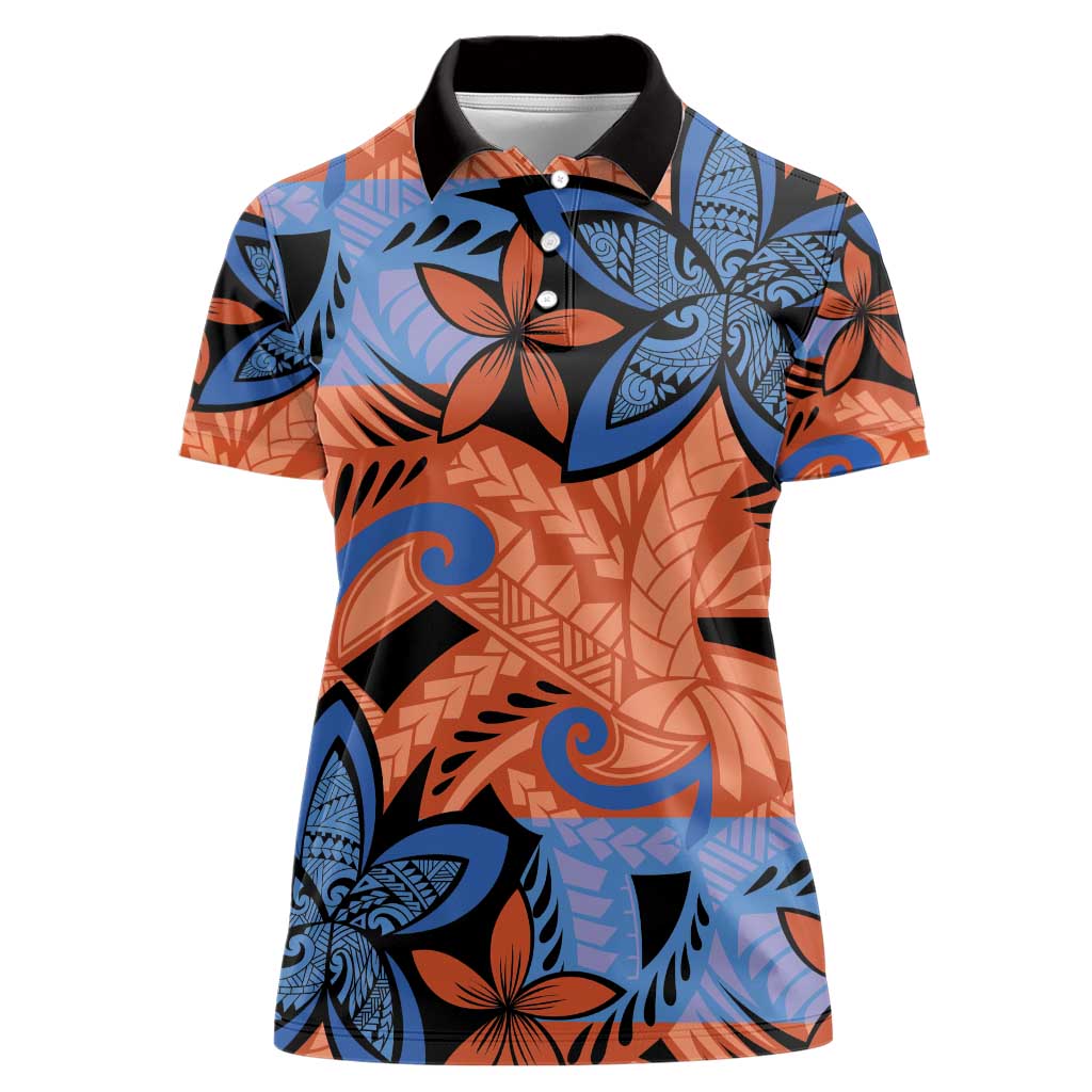 Plumeria Polynesian Pattern Women Polo Shirt Unique Fantasy Orange Blue