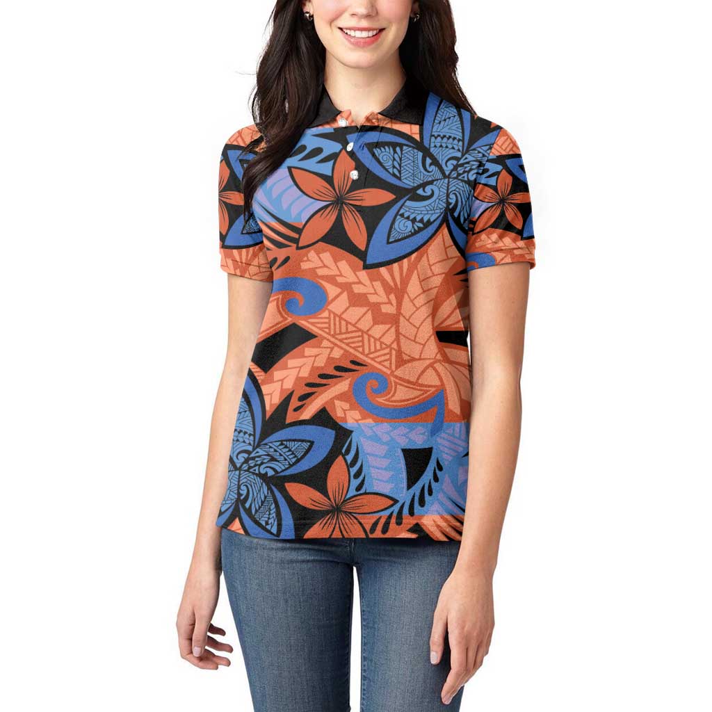 Plumeria Polynesian Pattern Women Polo Shirt Unique Fantasy Orange Blue