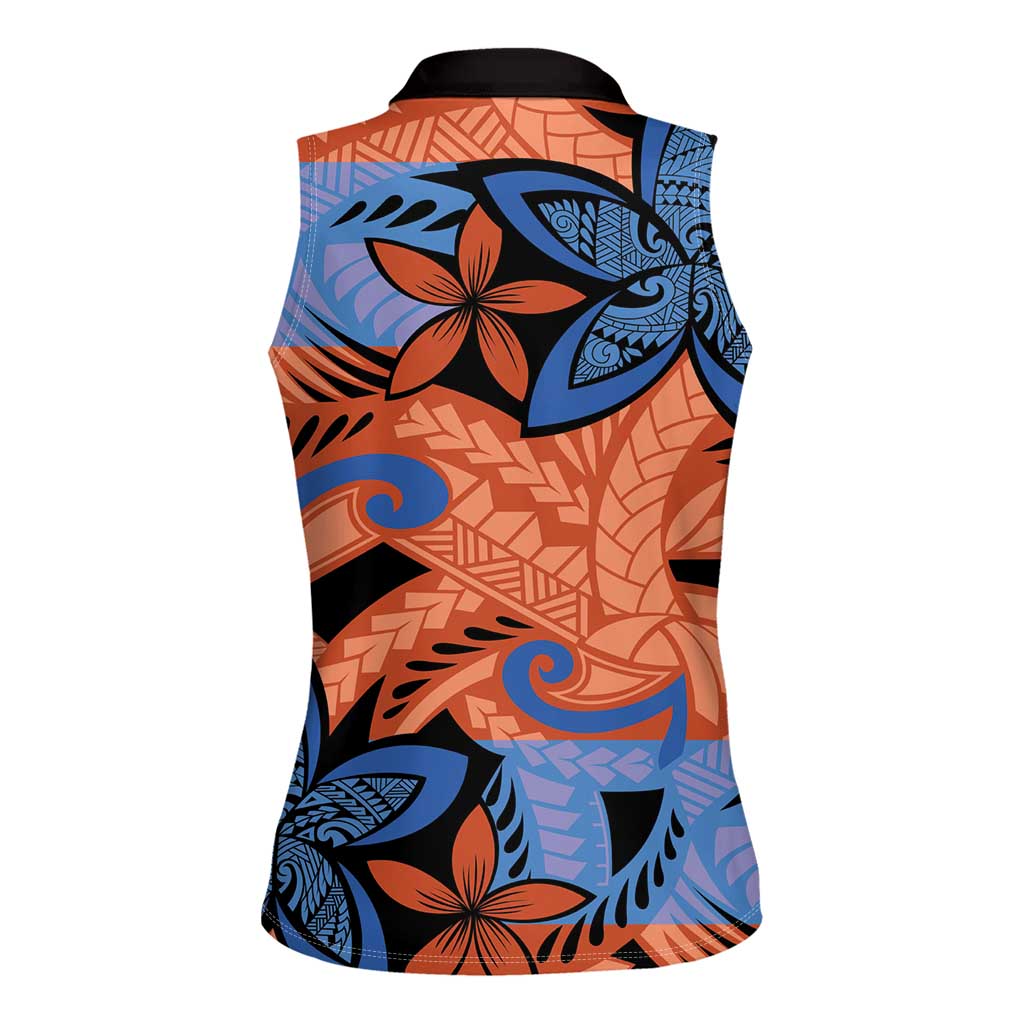 Plumeria Polynesian Pattern Women Sleeveless Polo Shirt Unique Fantasy Orange Blue