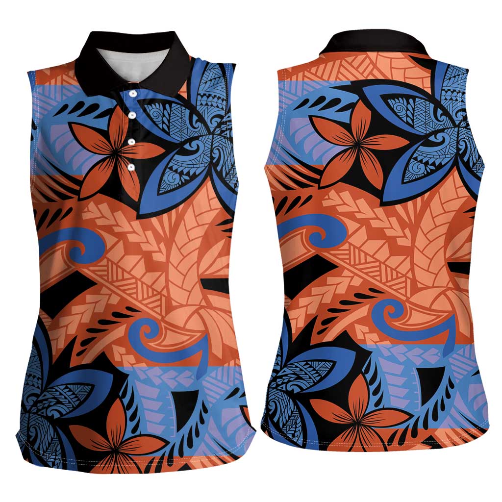 Plumeria Polynesian Pattern Women Sleeveless Polo Shirt Unique Fantasy Orange Blue