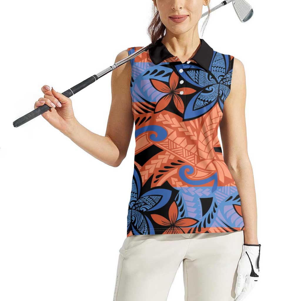 Plumeria Polynesian Pattern Women Sleeveless Polo Shirt Unique Fantasy Orange Blue