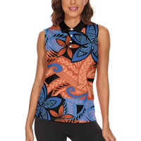 Plumeria Polynesian Pattern Women Sleeveless Polo Shirt Unique Fantasy Orange Blue