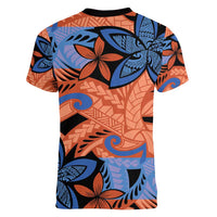 Plumeria Polynesian Pattern Women V-Neck T-Shirt Unique Fantasy Orange Blue