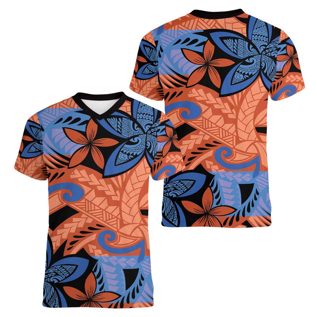 Plumeria Polynesian Pattern Women V-Neck T-Shirt Unique Fantasy Orange Blue