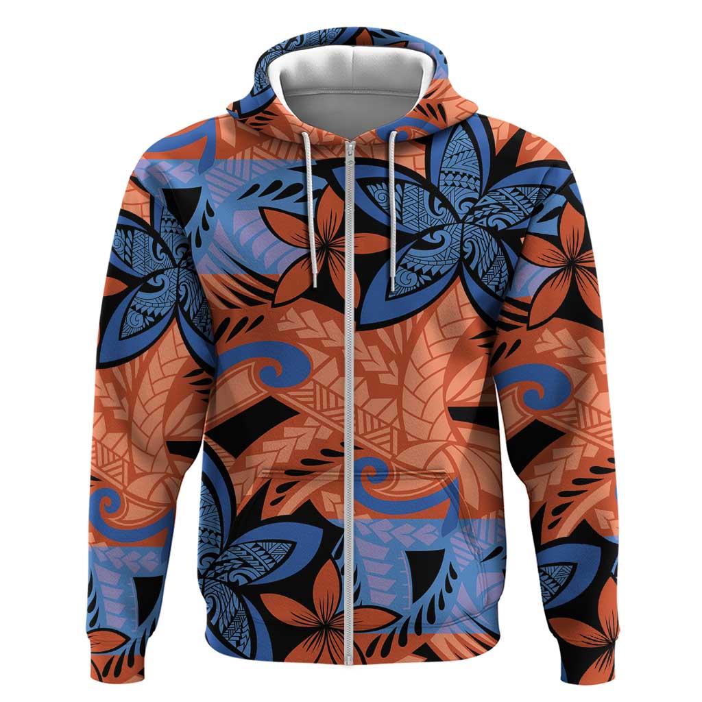 Plumeria Polynesian Pattern Zip Hoodie Unique Fantasy Orange Blue