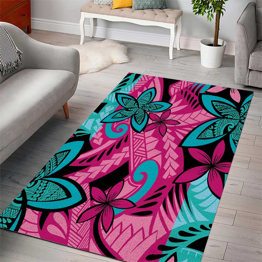 Plumeria Polynesian Pattern Area Rug Unique Fantasy Pink Teal