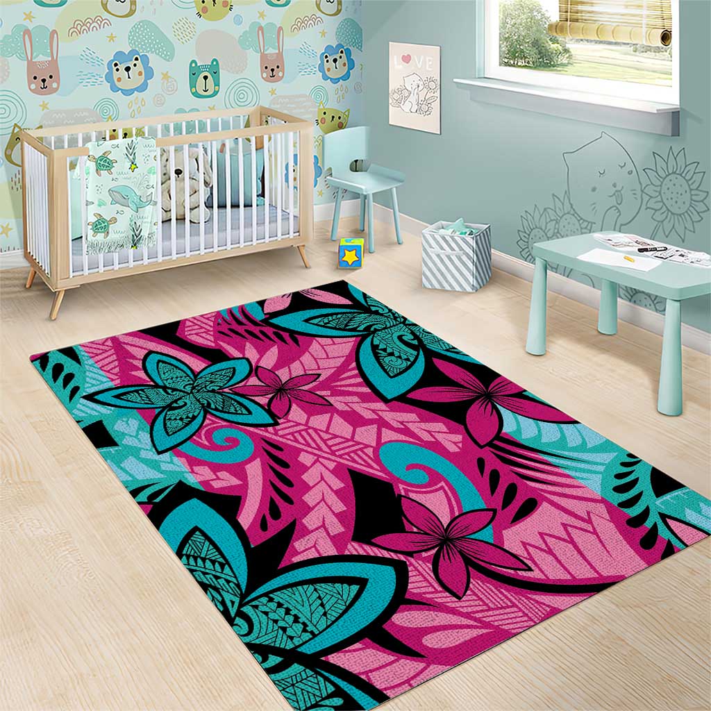 Plumeria Polynesian Pattern Area Rug Unique Fantasy Pink Teal