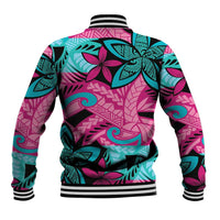 Plumeria Polynesian Pattern Baseball Jacket Unique Fantasy Pink Teal LT01 - Polynesian Pride