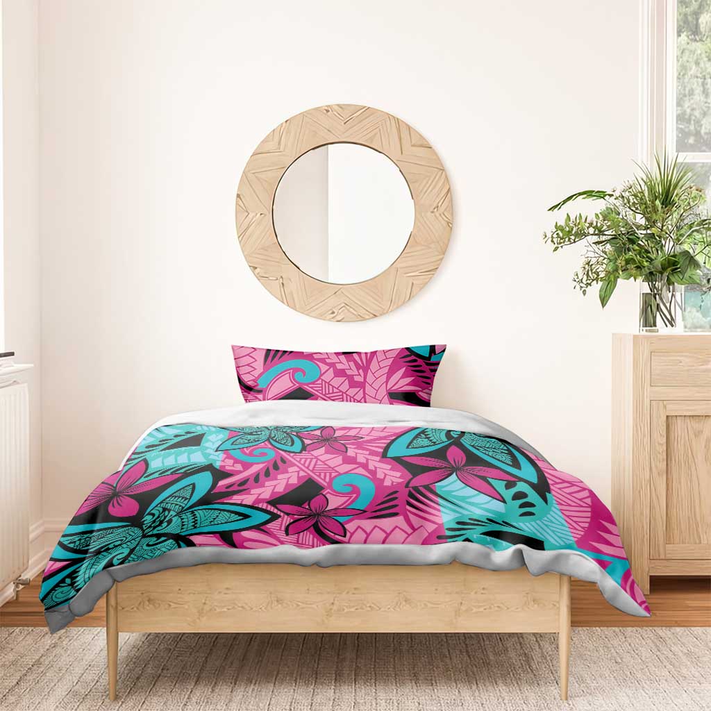 Plumeria Polynesian Pattern Bedding Set Unique Fantasy Pink Teal