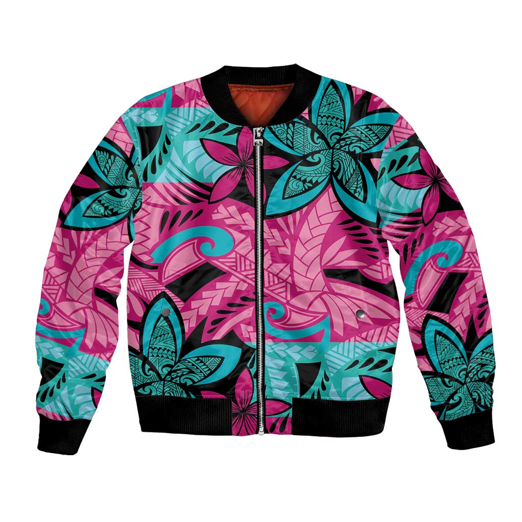 Plumeria Polynesian Pattern Bomber Jacket Unique Fantasy Pink Teal