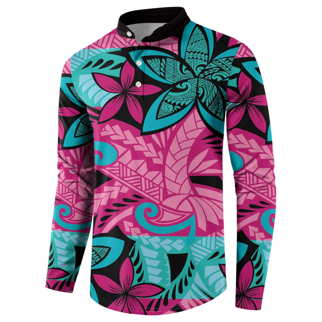 Plumeria Polynesian Pattern Button Sweatshirt Unique Fantasy Pink Teal LT01 - Polynesian Pride