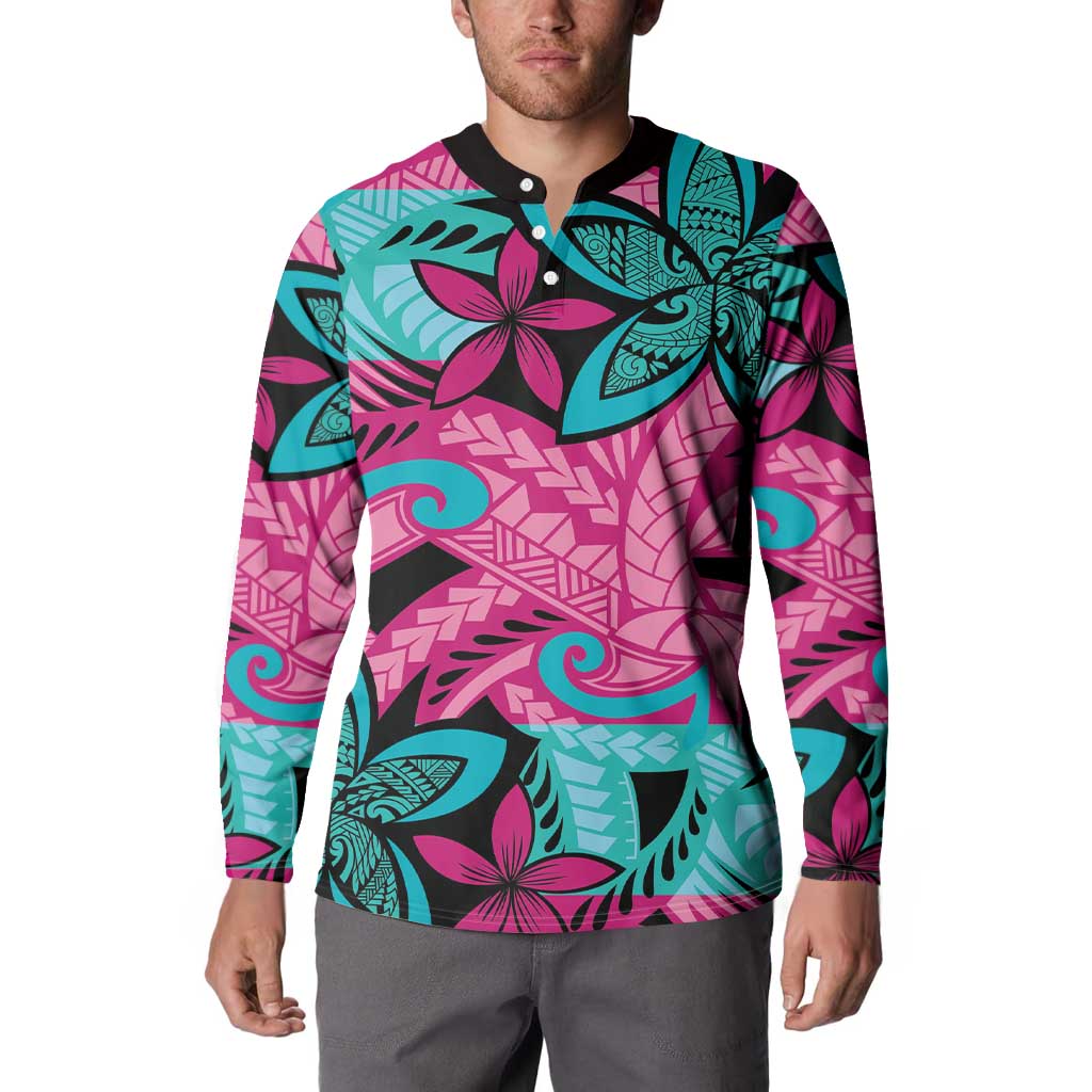 Plumeria Polynesian Pattern Button Sweatshirt Unique Fantasy Pink Teal LT01 - Polynesian Pride