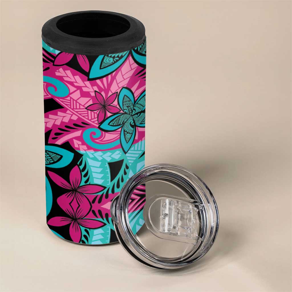 Plumeria Polynesian Pattern 4 in 1 Can Cooler Tumbler Unique Fantasy Pink Teal LT01 - Polynesian Pride