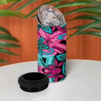 Plumeria Polynesian Pattern 4 in 1 Can Cooler Tumbler Unique Fantasy Pink Teal LT01 - Polynesian Pride