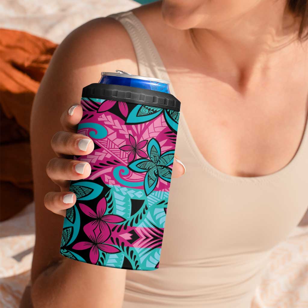 Plumeria Polynesian Pattern 4 in 1 Can Cooler Tumbler Unique Fantasy Pink Teal LT01 - Polynesian Pride