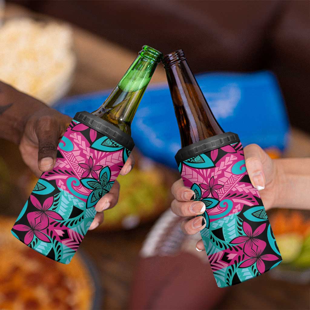 Plumeria Polynesian Pattern 4 in 1 Can Cooler Tumbler Unique Fantasy Pink Teal LT01 - Polynesian Pride