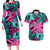 Plumeria Polynesian Pattern Couples Matching Long Sleeve Bodycon Dress and Hawaiian Shirt Unique Fantasy Pink Teal