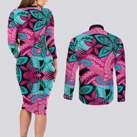Plumeria Polynesian Pattern Couples Matching Long Sleeve Bodycon Dress and Long Sleeve Button Shirt Unique Fantasy Pink Teal LT01 - Polynesian Pride