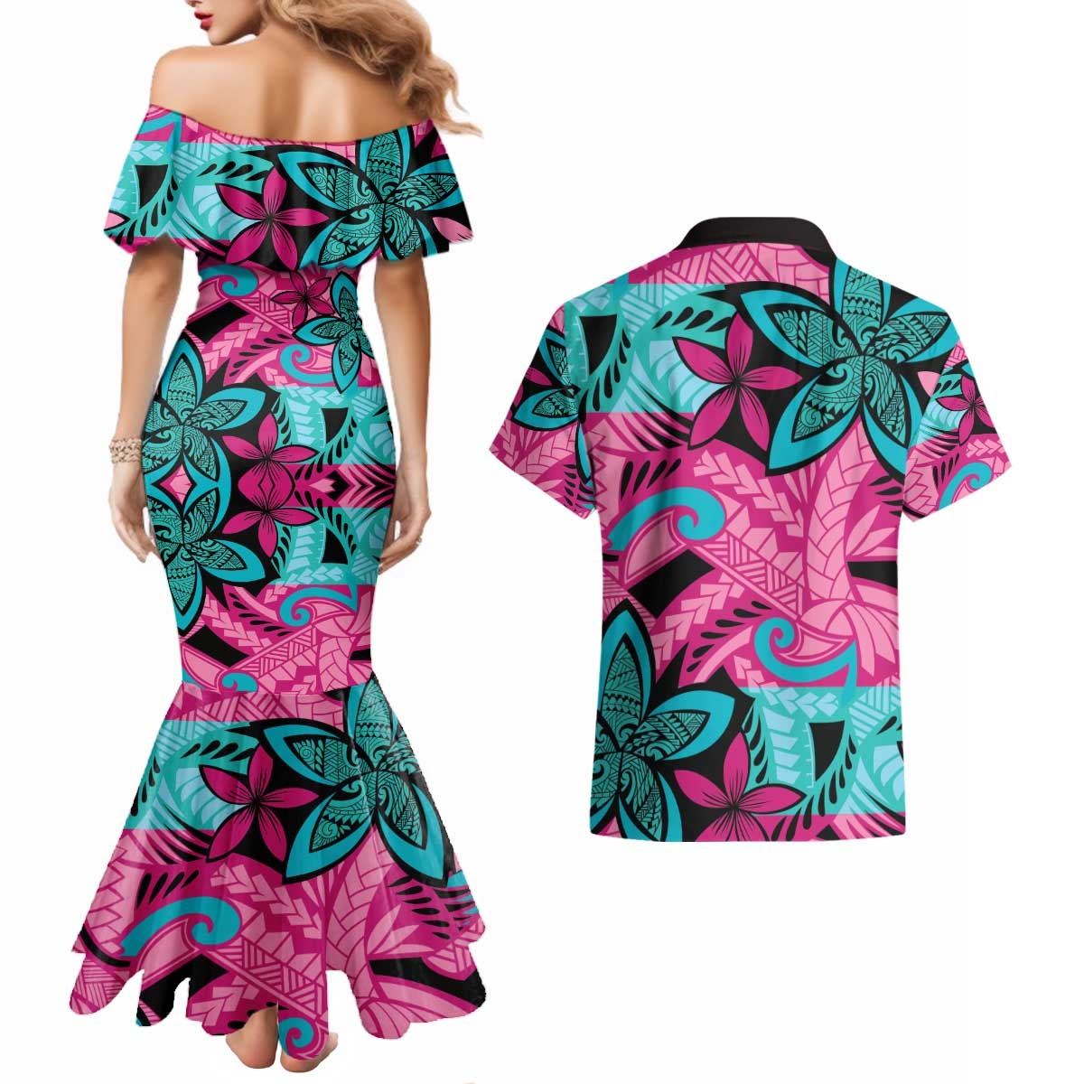 Plumeria Polynesian Pattern Couples Matching Mermaid Dress and Hawaiian Shirt Unique Fantasy Pink Teal LT01 - Polynesian Pride