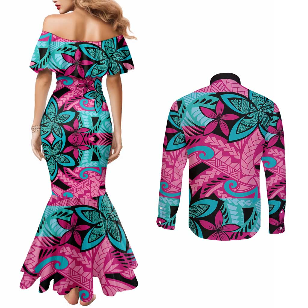 Plumeria Polynesian Pattern Couples Matching Mermaid Dress and Long Sleeve Button Shirt Unique Fantasy Pink Teal LT01 - Polynesian Pride