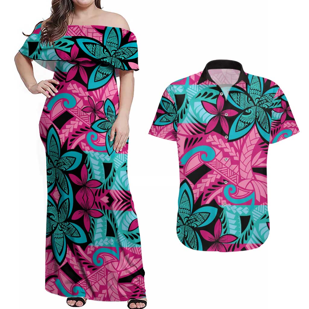 Plumeria Polynesian Pattern Couples Matching Off Shoulder Maxi Dress and Hawaiian Shirt Unique Fantasy Pink Teal LT01 Pink - Polynesian Pride
