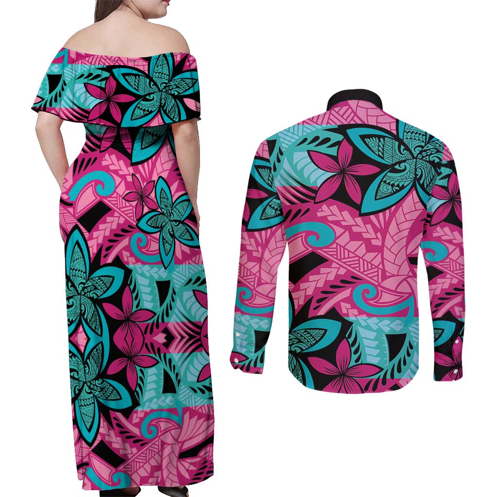 Plumeria Polynesian Pattern Couples Matching Off Shoulder Maxi Dress and Long Sleeve Button Shirt Unique Fantasy Pink Teal LT01 - Polynesian Pride