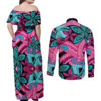 Plumeria Polynesian Pattern Couples Matching Off Shoulder Maxi Dress and Long Sleeve Button Shirt Unique Fantasy Pink Teal LT01 - Polynesian Pride