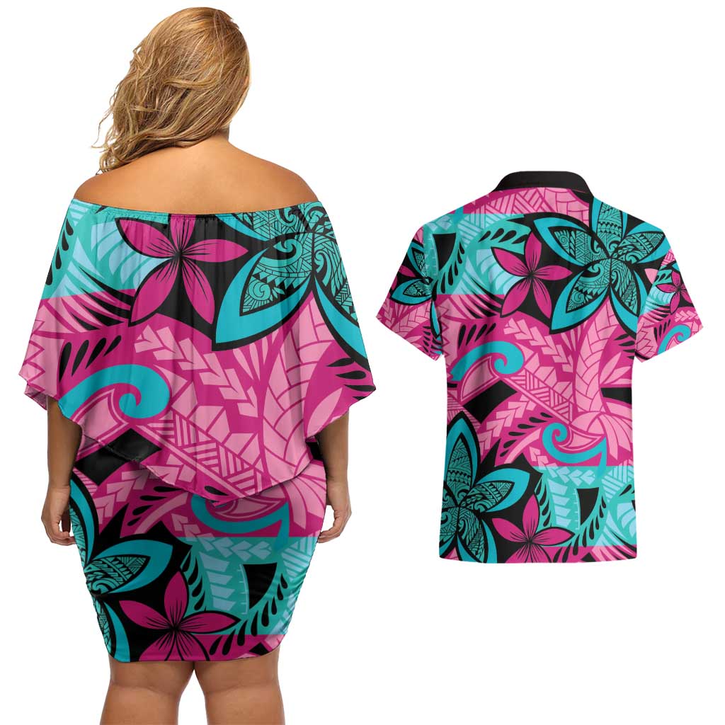Plumeria Polynesian Pattern Couples Matching Off Shoulder Short Dress and Hawaiian Shirt Unique Fantasy Pink Teal LT01 - Polynesian Pride