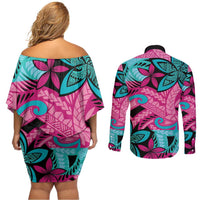 Plumeria Polynesian Pattern Couples Matching Off Shoulder Short Dress and Long Sleeve Button Shirt Unique Fantasy Pink Teal LT01 - Polynesian Pride