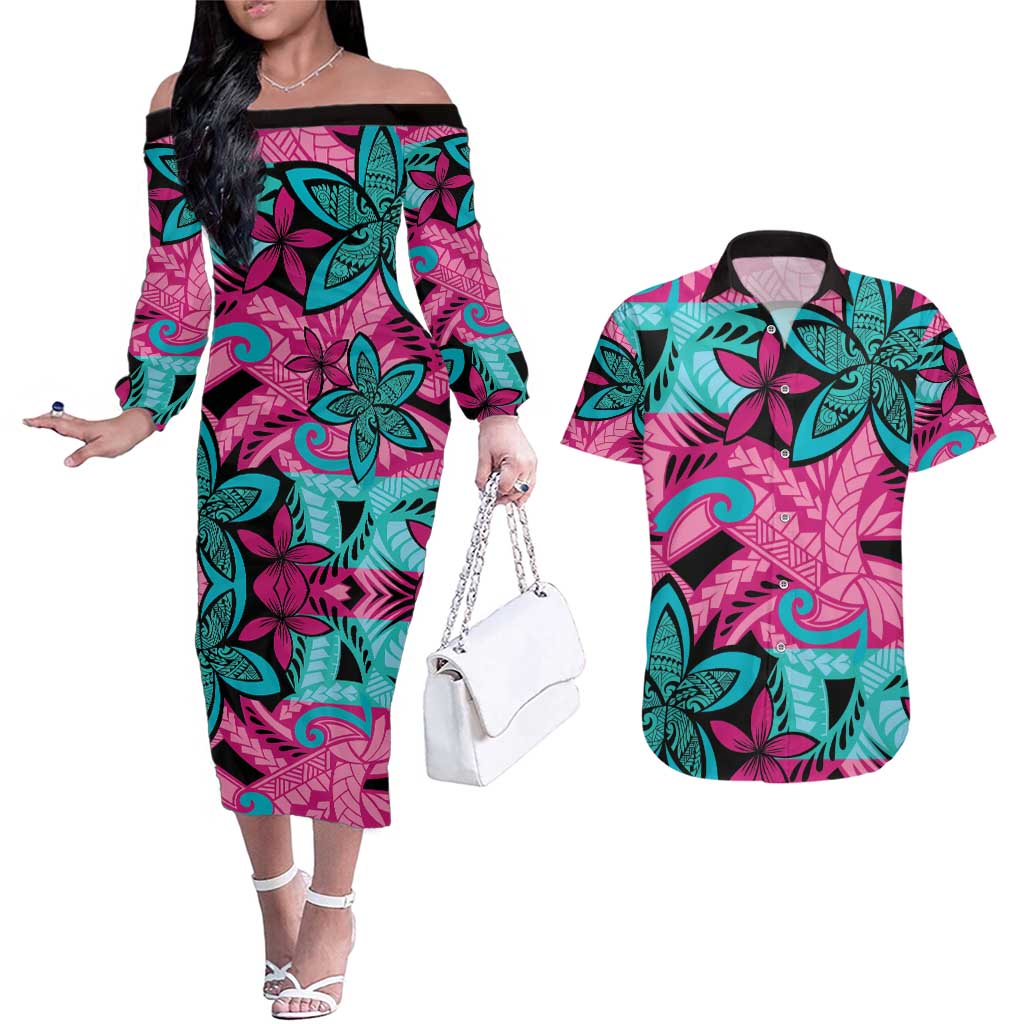 Plumeria Polynesian Pattern Couples Matching Off The Shoulder Long Sleeve Dress and Hawaiian Shirt Unique Fantasy Pink Teal LT01 Pink - Polynesian Pride