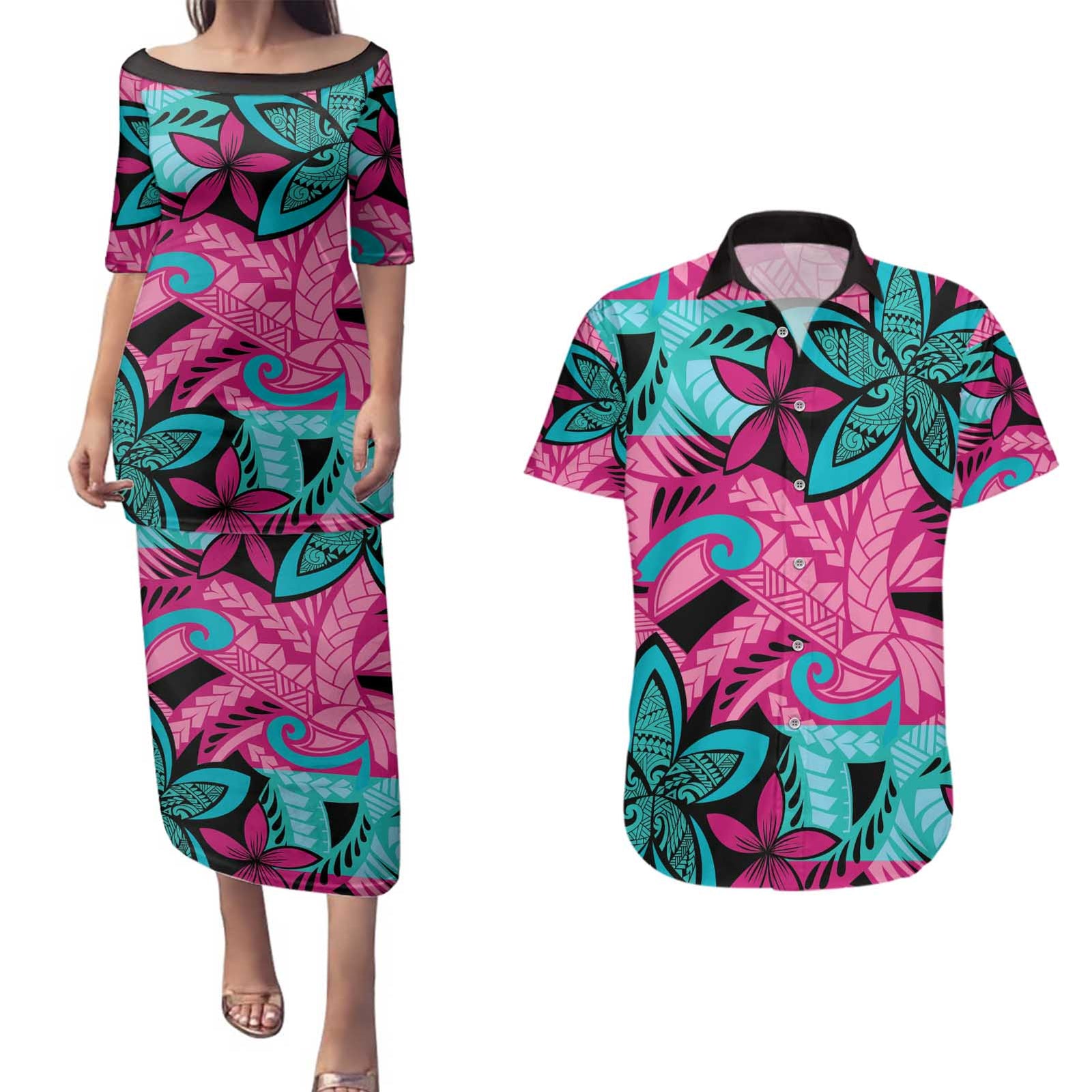 Plumeria Polynesian Pattern Couples Matching Puletasi and Hawaiian Shirt Unique Fantasy Pink Teal LT01 Pink - Polynesian Pride